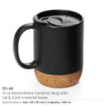 Black Ceramic Mugs with Lid and Cork Base 151 BK 01