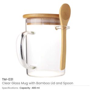 Clear Glass Mugs with Bamboo Lid and Spoon TM 031